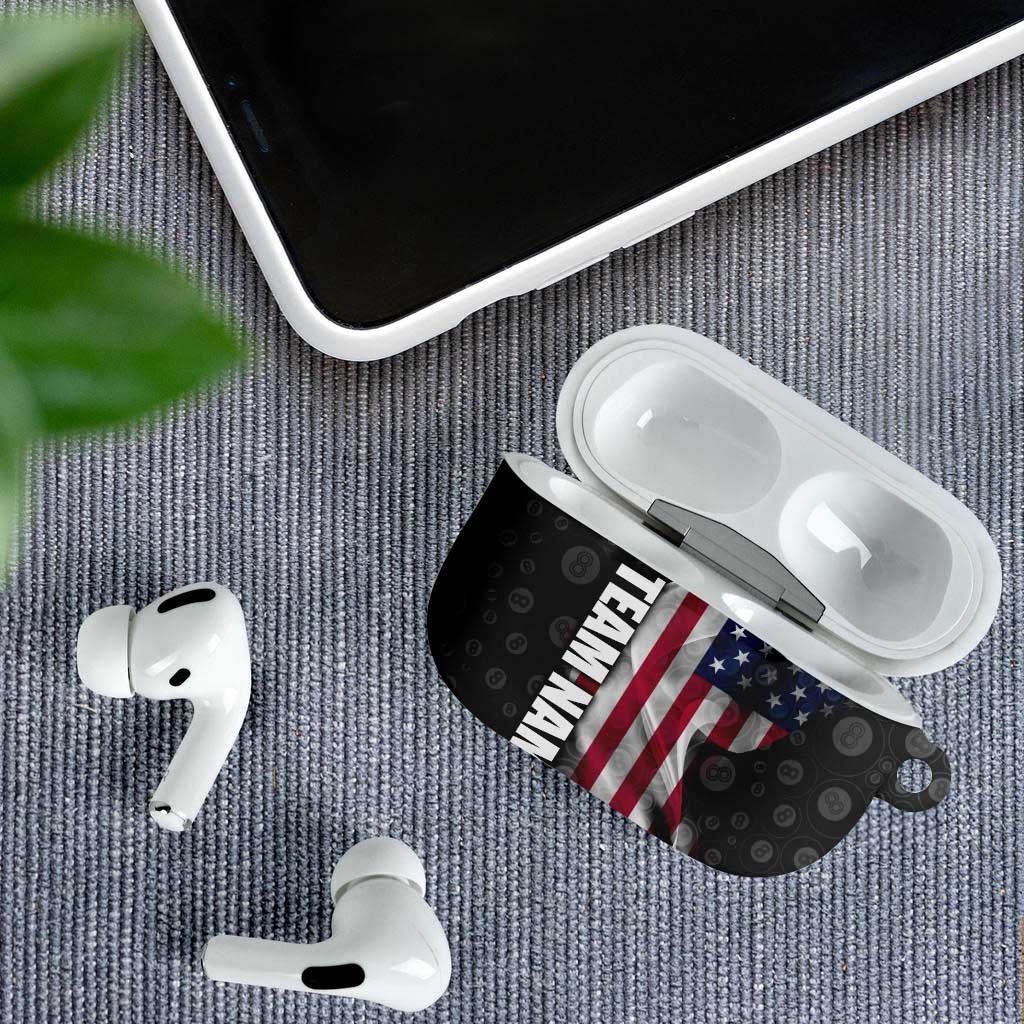 American Flag Bowling Ball and Pins Graphic AirPods Case with Black Patterned Background and Custom Team Name Design - Wonder Print Shop