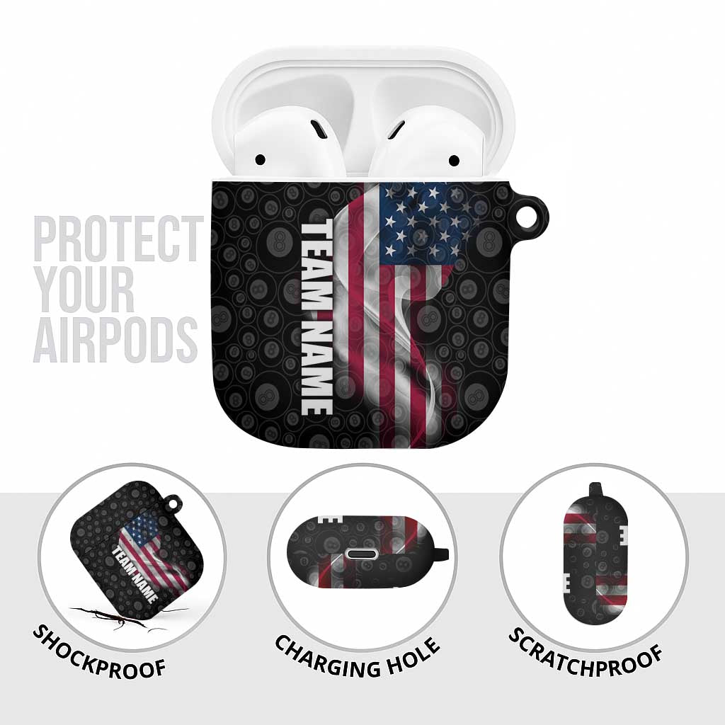 American Flag Bowling Ball and Pins Graphic AirPods Case with Black Patterned Background and Custom Team Name Design - Wonder Print Shop