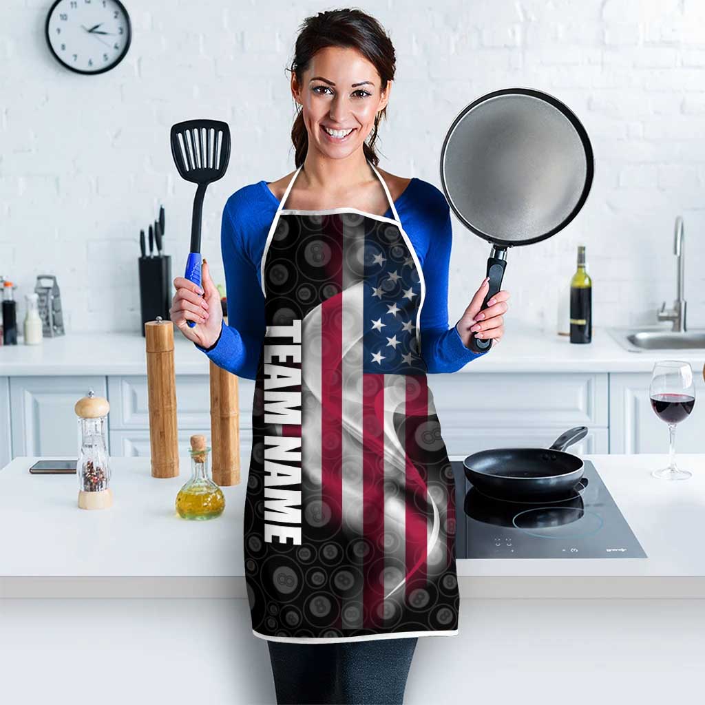 American Flag Bowling Ball and Pins Graphic Apron with Black Patterned Background and Custom Team Name Design - Wonder Print Shop