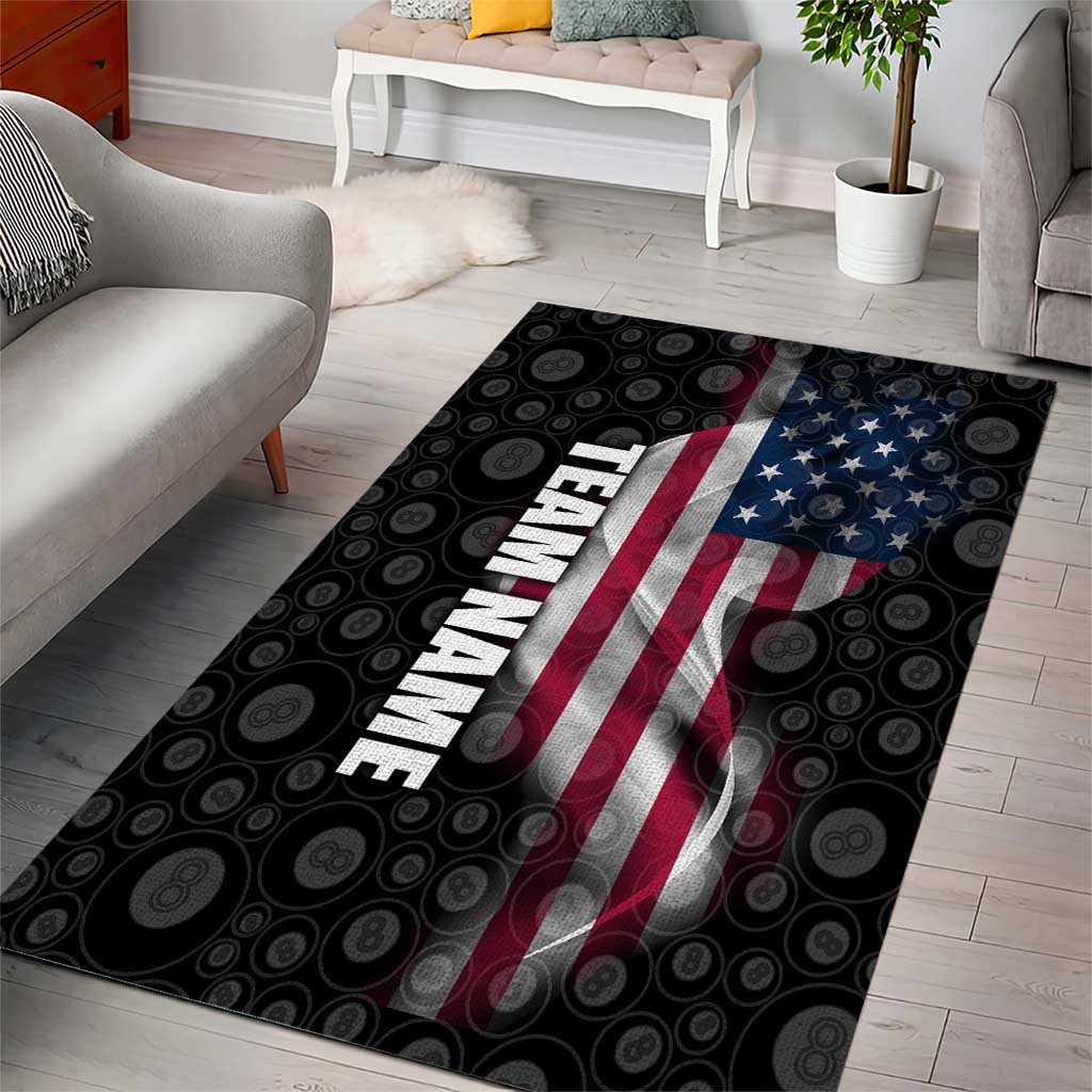 American Flag Bowling Ball and Pins Graphic Area Rug with Black Patterned Background and Custom Team Name Design - Wonder Print Shop