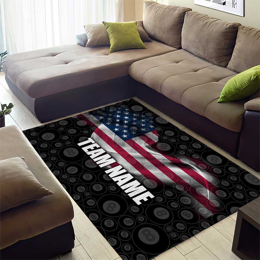 American Flag Bowling Ball and Pins Graphic Area Rug with Black Patterned Background and Custom Team Name Design - Wonder Print Shop