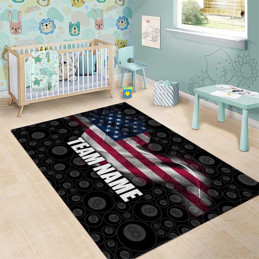 American Flag Bowling Ball and Pins Graphic Area Rug with Black Patterned Background and Custom Team Name Design - Wonder Print Shop