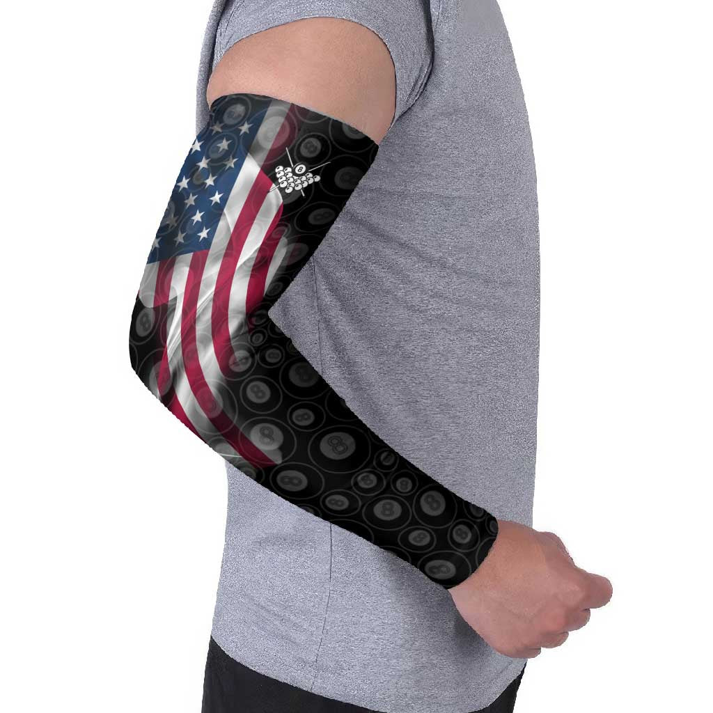 American Flag Bowling Ball and Pins Graphic Arm Sleeves with Black Patterned Background and Custom Team Name Design - Wonder Print Shop