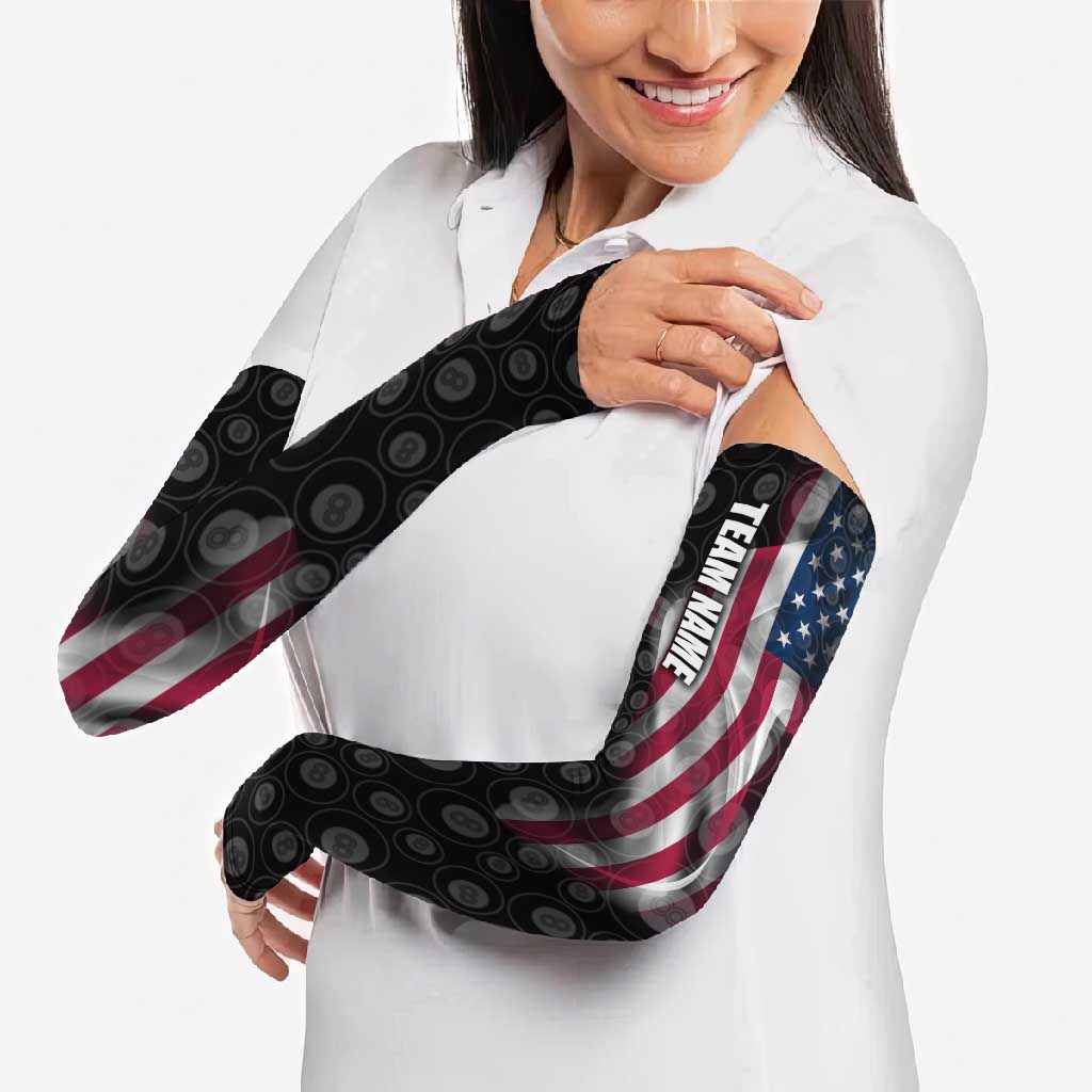 American Flag Bowling Ball and Pins Graphic Arm Sleeves with Black Patterned Background and Custom Team Name Design - Wonder Print Shop