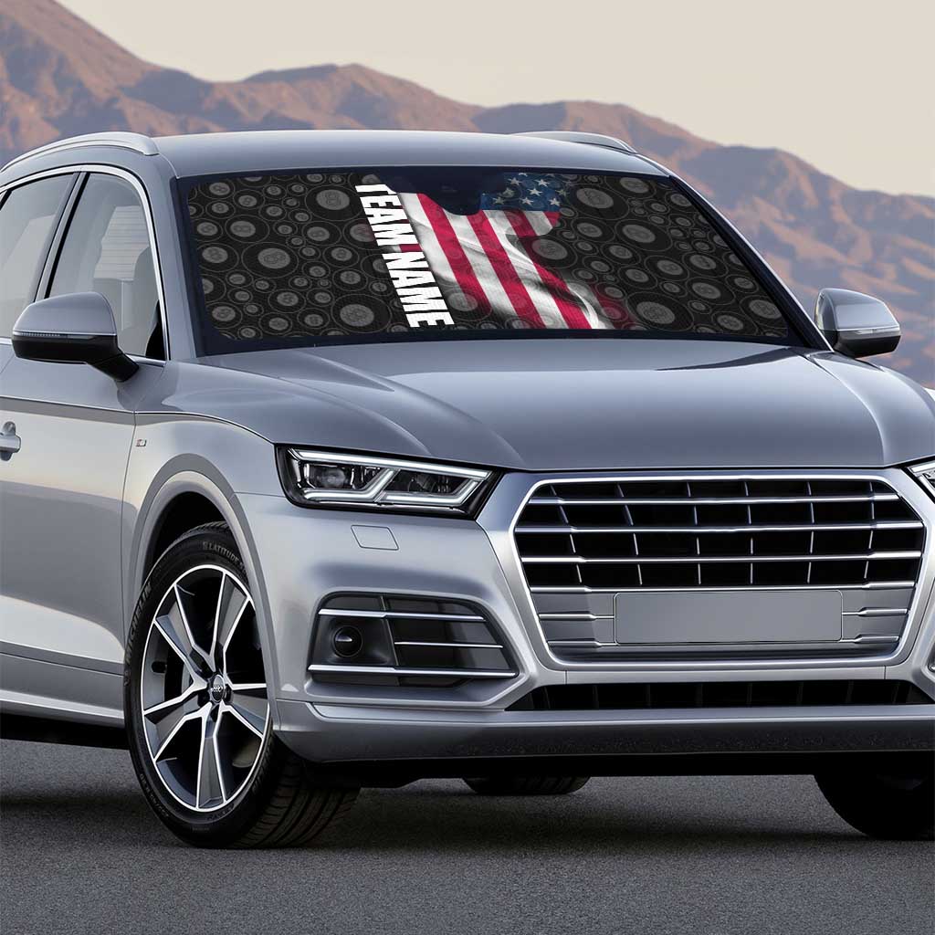 American Flag Bowling Ball and Pins Graphic Auto Sun Shade with Black Patterned Background and Custom Team Name Design - Wonder Print Shop