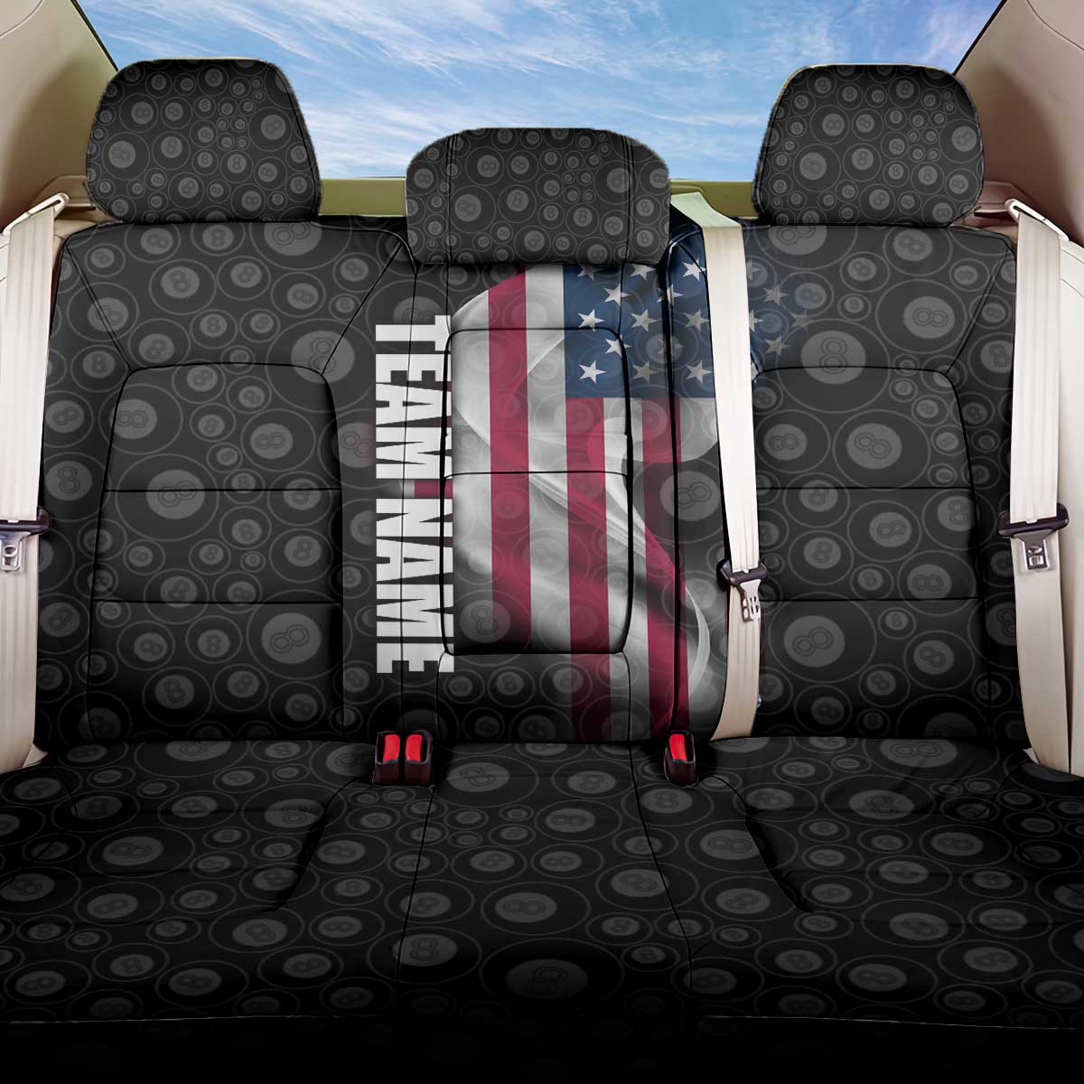 American Flag Bowling Ball and Pins Graphic Back Car Seat Cover with Black Patterned Background and Custom Team Name Design - Wonder Print Shop