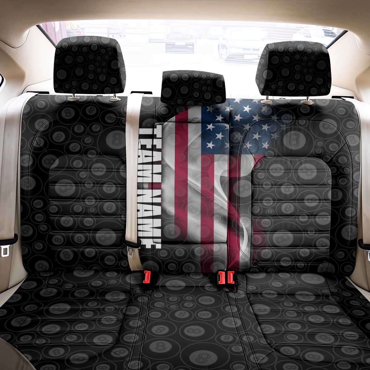American Flag Bowling Ball and Pins Graphic Back Car Seat Cover with Black Patterned Background and Custom Team Name Design - Wonder Print Shop