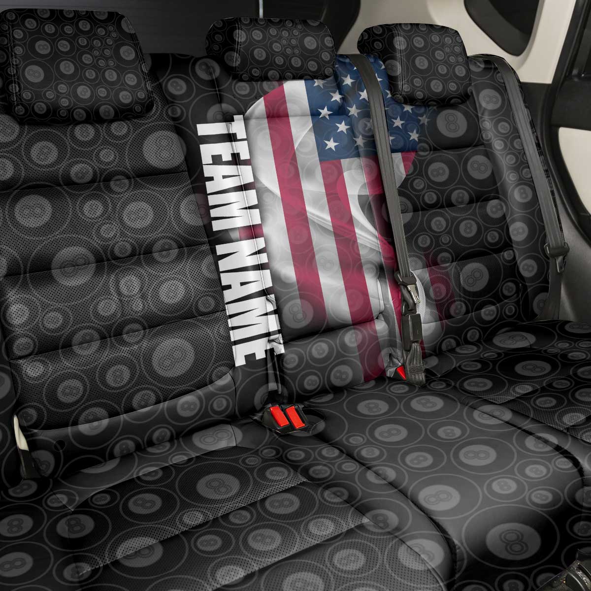 American Flag Bowling Ball and Pins Graphic Back Car Seat Cover with Black Patterned Background and Custom Team Name Design - Wonder Print Shop
