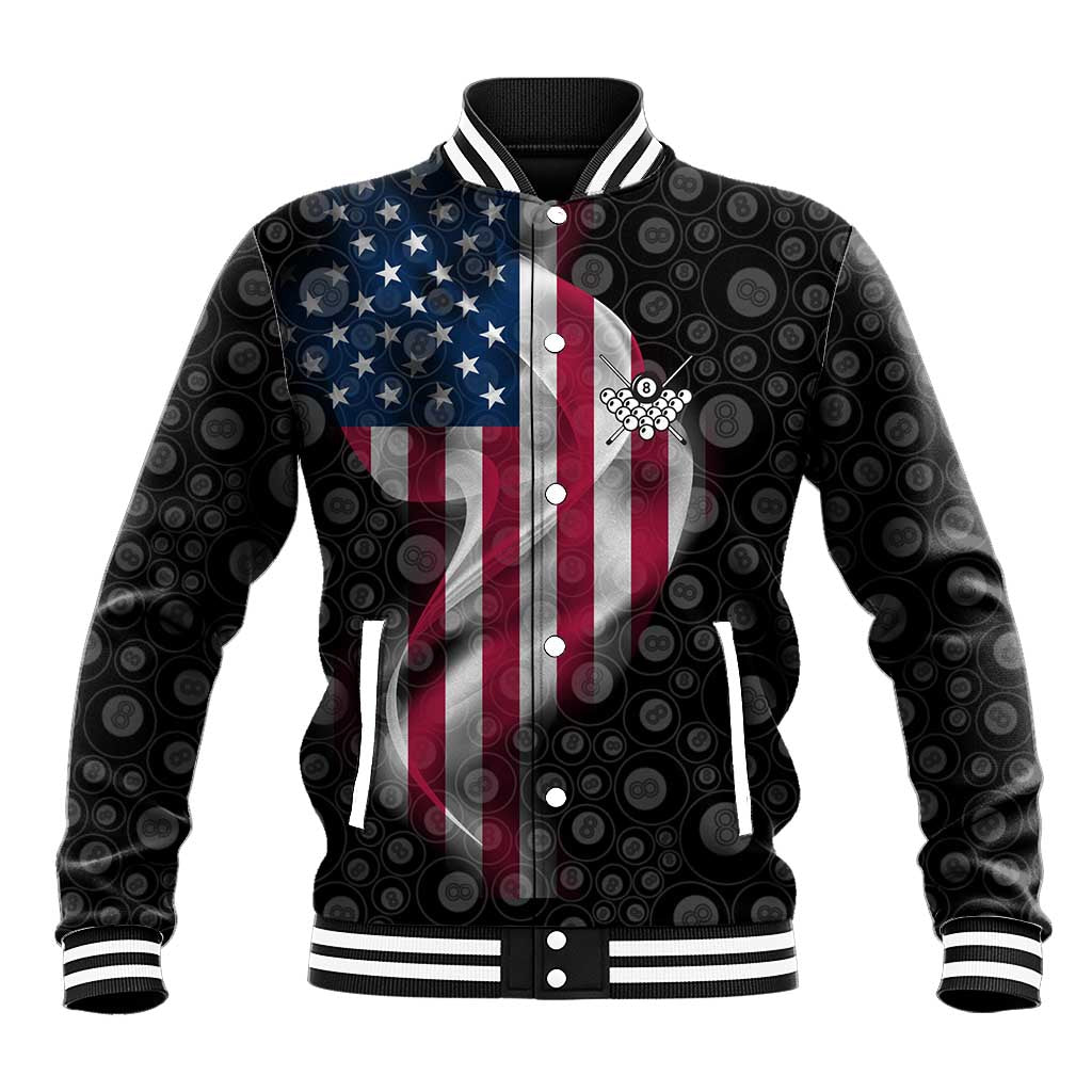 American Flag Bowling Ball and Pins Graphic Baseball Jacket with Black Patterned Background and Custom Team Name Design - Wonder Print Shop