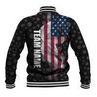 American Flag Bowling Ball and Pins Graphic Baseball Jacket with Black Patterned Background and Custom Team Name Design - Wonder Print Shop