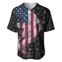 American Flag Bowling Ball and Pins Graphic Baseball Jersey with Black Patterned Background and Custom Team Name Design - Wonder Print Shop