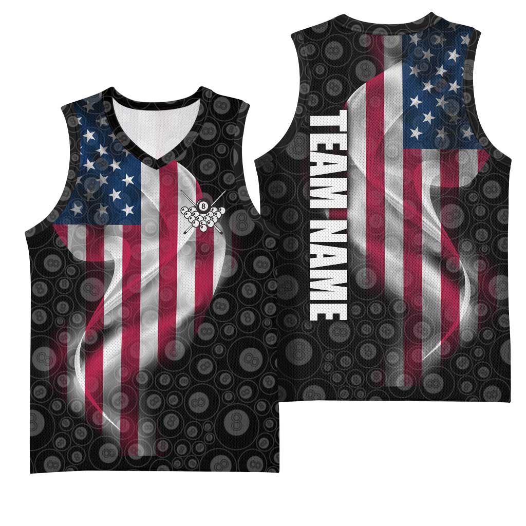 American Flag Bowling Ball and Pins Graphic Basketball Jersey with Black Patterned Background and Custom Team Name Design - Wonder Print Shop