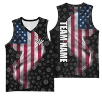 American Flag Bowling Ball and Pins Graphic Basketball Jersey with Black Patterned Background and Custom Team Name Design - Wonder Print Shop