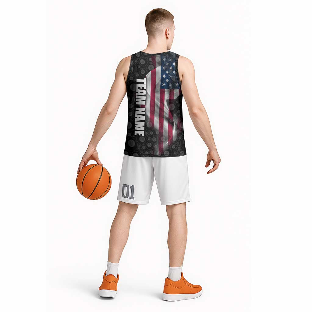 American Flag Bowling Ball and Pins Graphic Basketball Jersey with Black Patterned Background and Custom Team Name Design - Wonder Print Shop