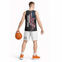 American Flag Bowling Ball and Pins Graphic Basketball Jersey with Black Patterned Background and Custom Team Name Design - Wonder Print Shop