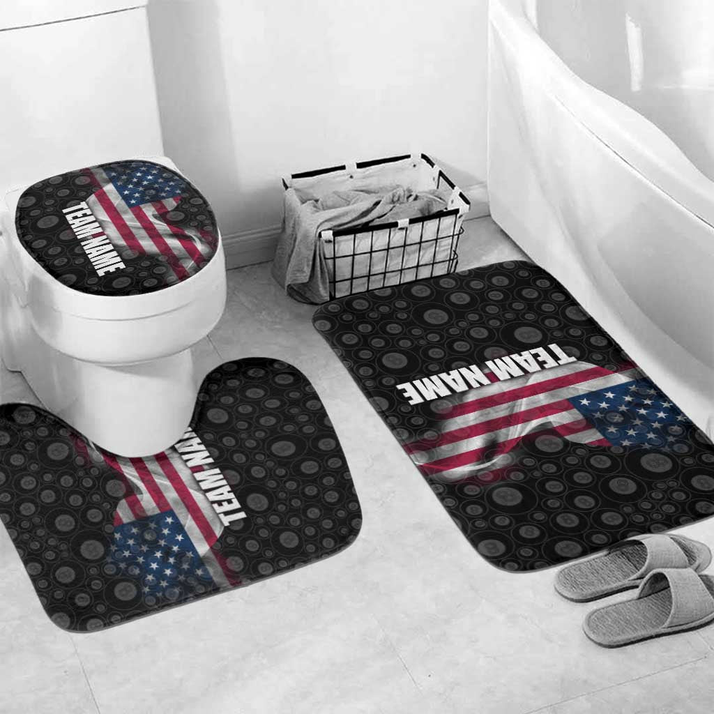 American Flag Bowling Ball and Pins Graphic Bathroom Set with Black Patterned Background and Custom Team Name Design - Wonder Print Shop