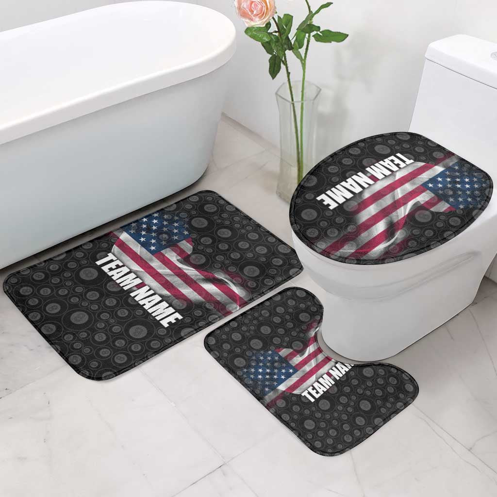 American Flag Bowling Ball and Pins Graphic Bathroom Set with Black Patterned Background and Custom Team Name Design - Wonder Print Shop