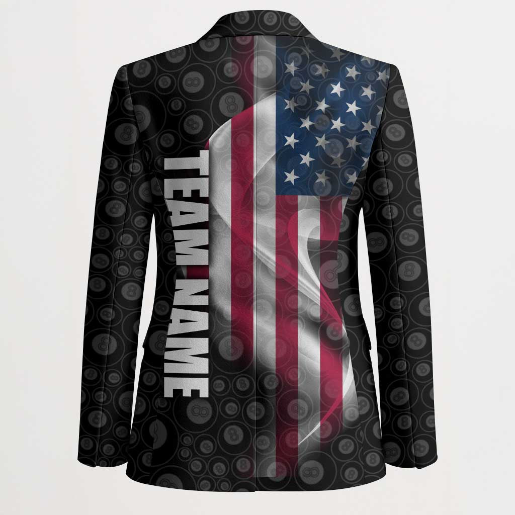 American Flag Bowling Ball and Pins Graphic Blazer with Black Patterned Background and Custom Team Name Design - Wonder Print Shop