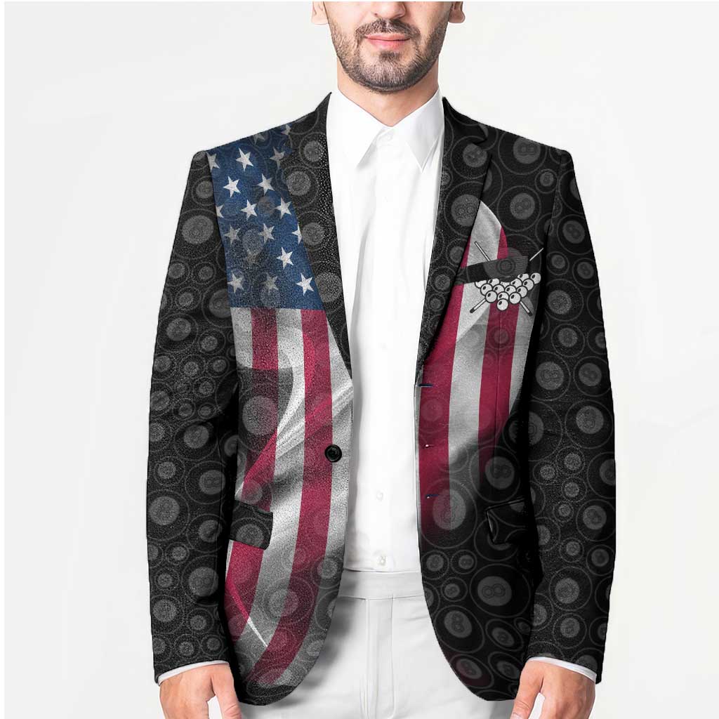 American Flag Bowling Ball and Pins Graphic Blazer with Black Patterned Background and Custom Team Name Design - Wonder Print Shop