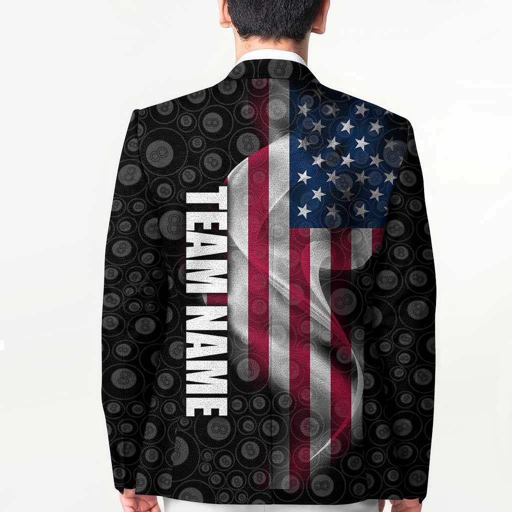 American Flag Bowling Ball and Pins Graphic Blazer with Black Patterned Background and Custom Team Name Design - Wonder Print Shop