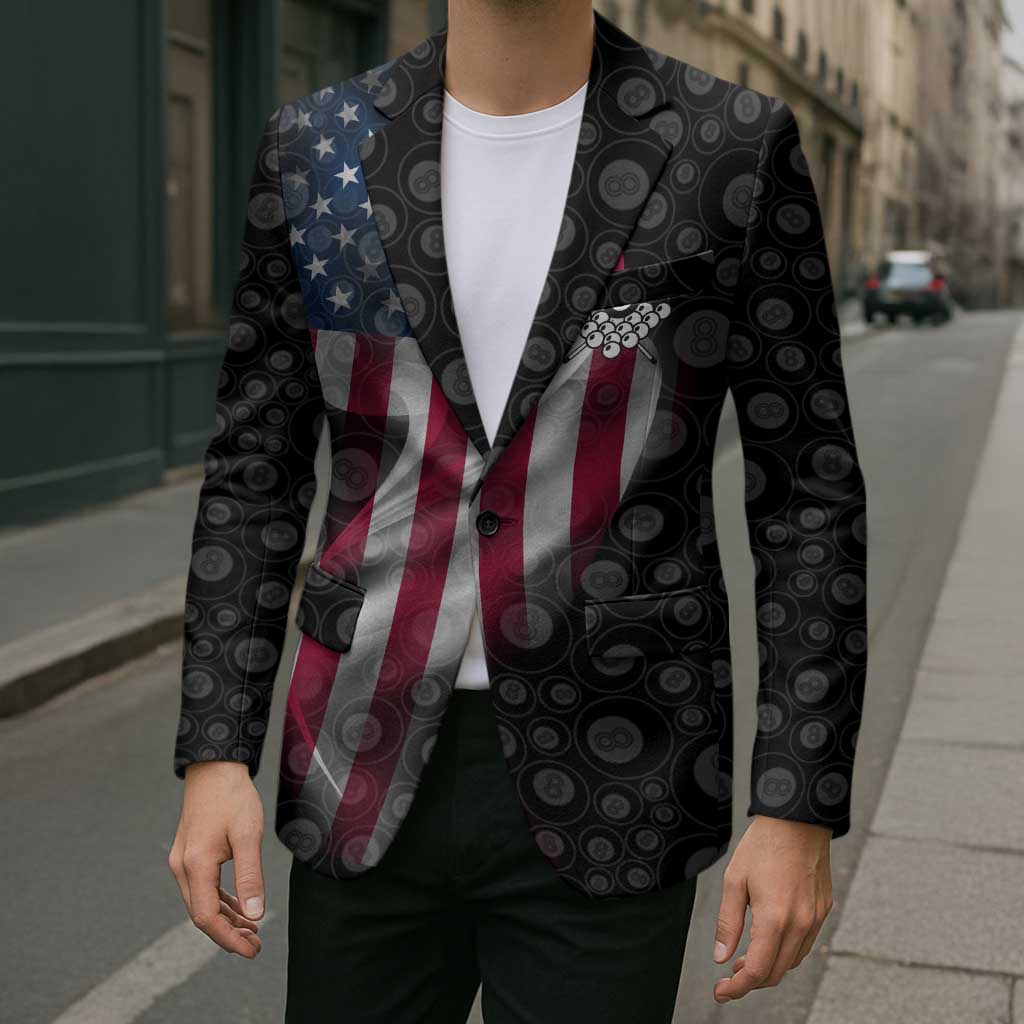 American Flag Bowling Ball and Pins Graphic Blazer with Black Patterned Background and Custom Team Name Design - Wonder Print Shop