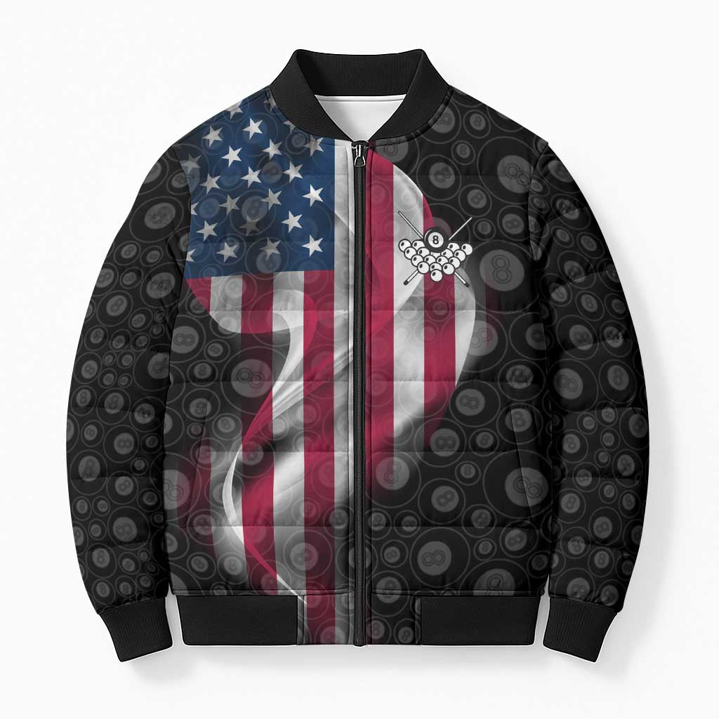 American Flag Bowling Ball and Pins Graphic Bomber Puffer Jacket with Black Patterned Background and Custom Team Name Design - Wonder Print Shop