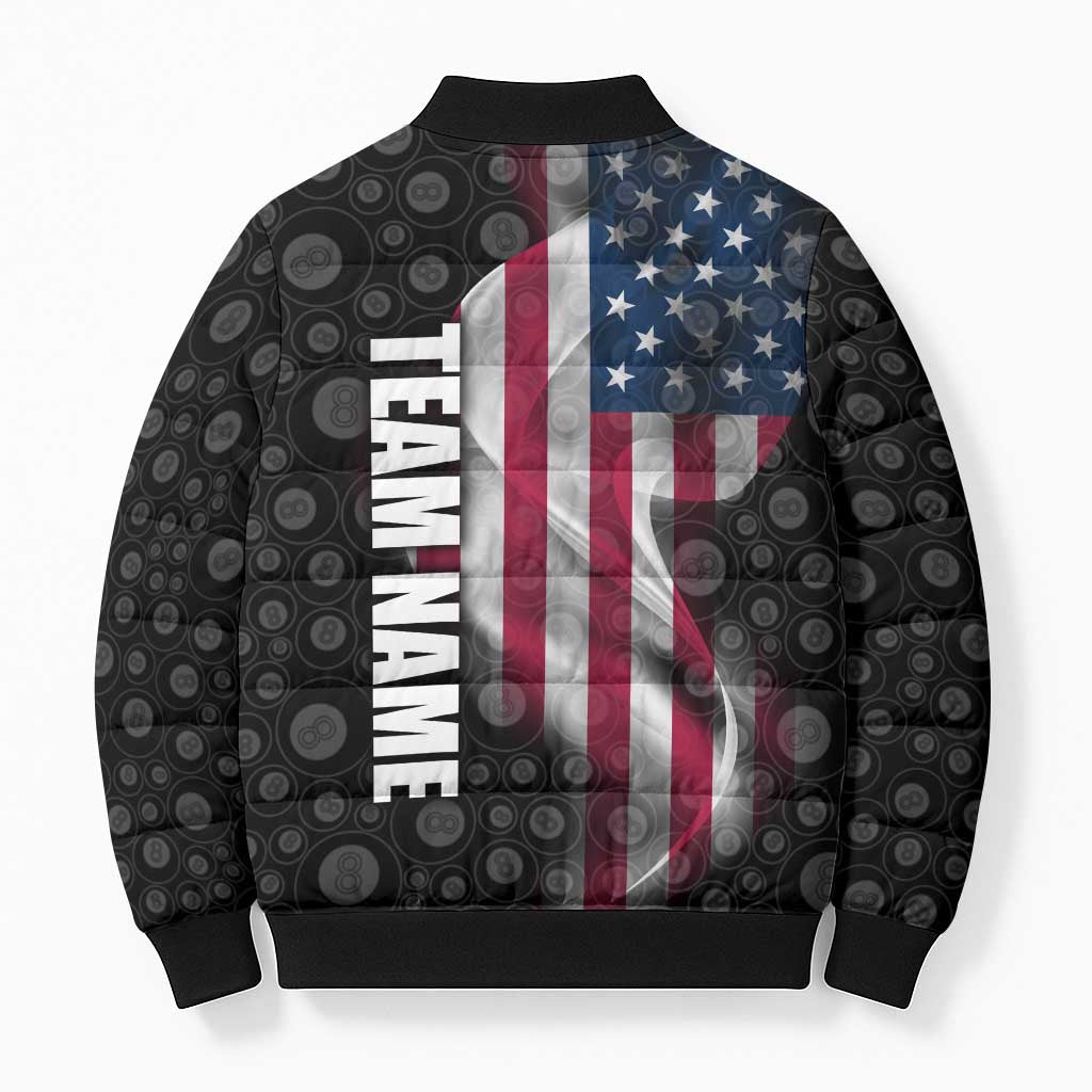 American Flag Bowling Ball and Pins Graphic Bomber Puffer Jacket with Black Patterned Background and Custom Team Name Design - Wonder Print Shop