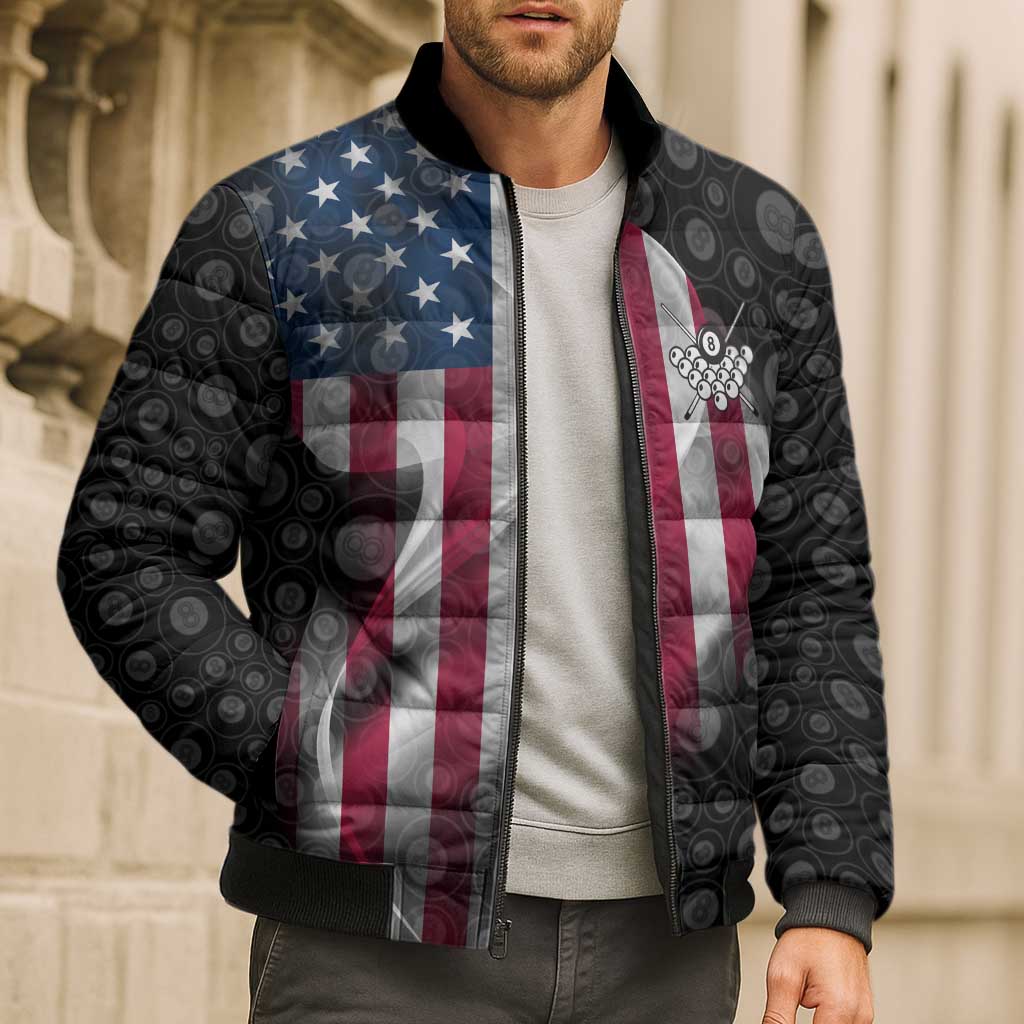 American Flag Bowling Ball and Pins Graphic Bomber Puffer Jacket with Black Patterned Background and Custom Team Name Design - Wonder Print Shop