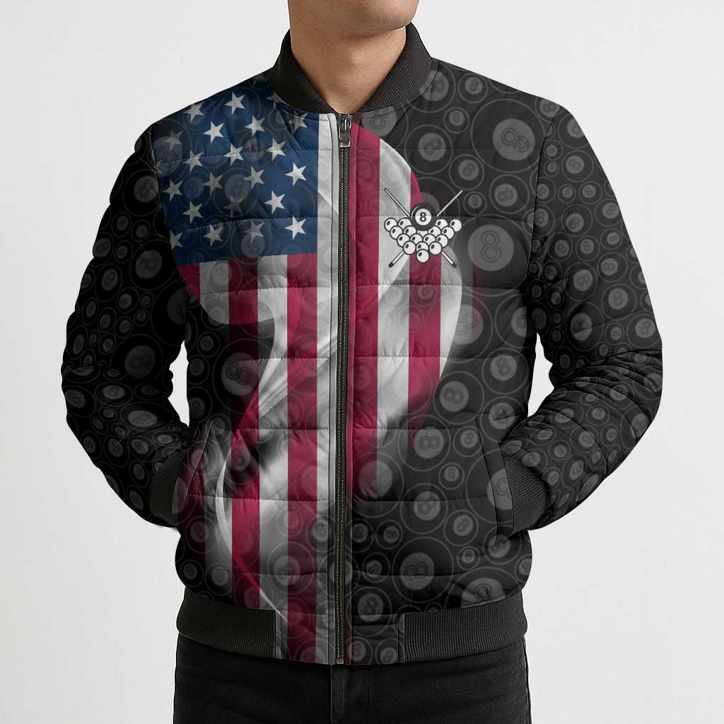 American Flag Bowling Ball and Pins Graphic Bomber Puffer Jacket with Black Patterned Background and Custom Team Name Design - Wonder Print Shop