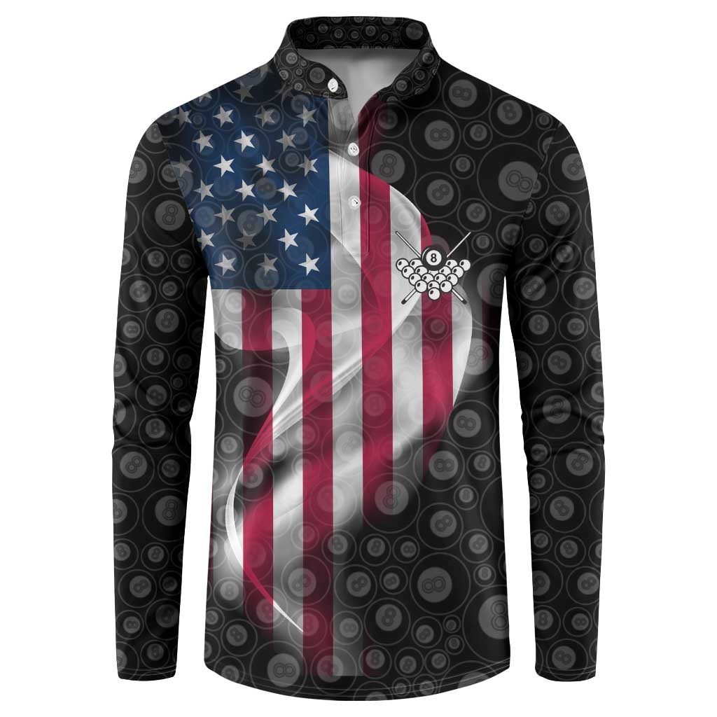 American Flag Bowling Ball and Pins Graphic Button Sweatshirt with Black Patterned Background and Custom Team Name Design - Wonder Print Shop