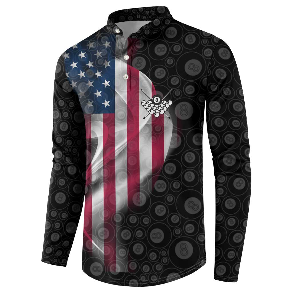 American Flag Bowling Ball and Pins Graphic Button Sweatshirt with Black Patterned Background and Custom Team Name Design - Wonder Print Shop