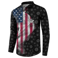 American Flag Bowling Ball and Pins Graphic Button Sweatshirt with Black Patterned Background and Custom Team Name Design - Wonder Print Shop