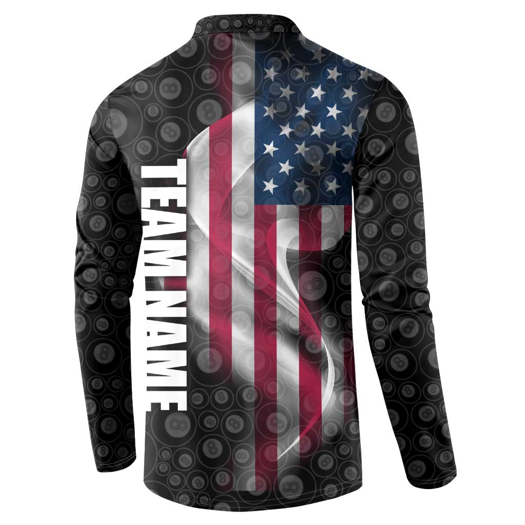 American Flag Bowling Ball and Pins Graphic Button Sweatshirt with Black Patterned Background and Custom Team Name Design - Wonder Print Shop