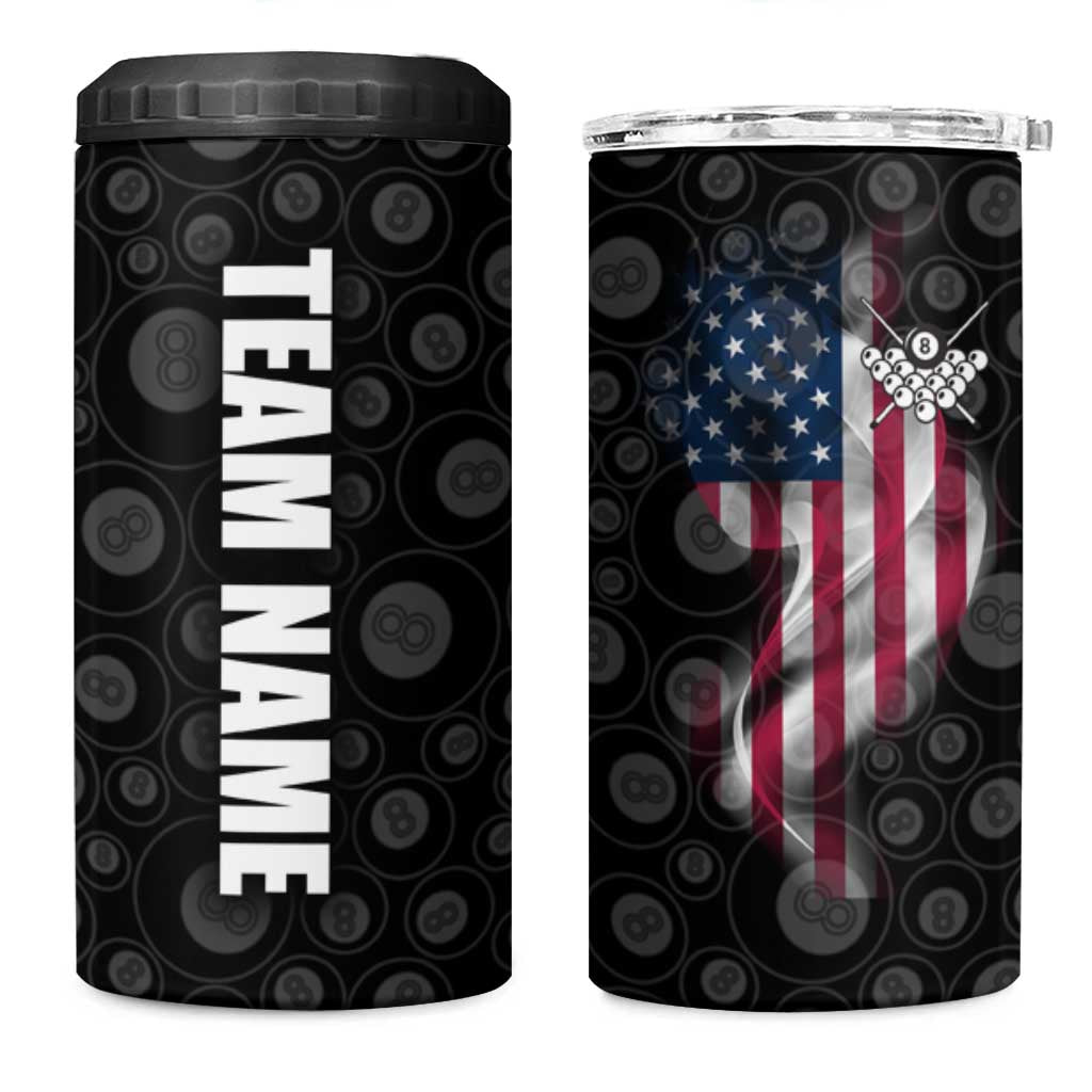 American Flag Bowling Ball and Pins Graphic 4 in 1 Can Cooler Tumbler with Black Patterned Background and Custom Team Name Design - Wonder Print Shop