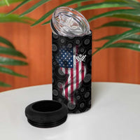 American Flag Bowling Ball and Pins Graphic 4 in 1 Can Cooler Tumbler with Black Patterned Background and Custom Team Name Design - Wonder Print Shop