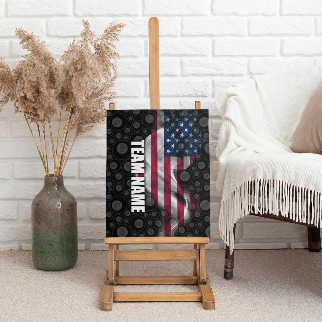 American Flag Bowling Ball and Pins Graphic Canvas Wall Art with Black Patterned Background and Custom Team Name Design - Wonder Print Shop