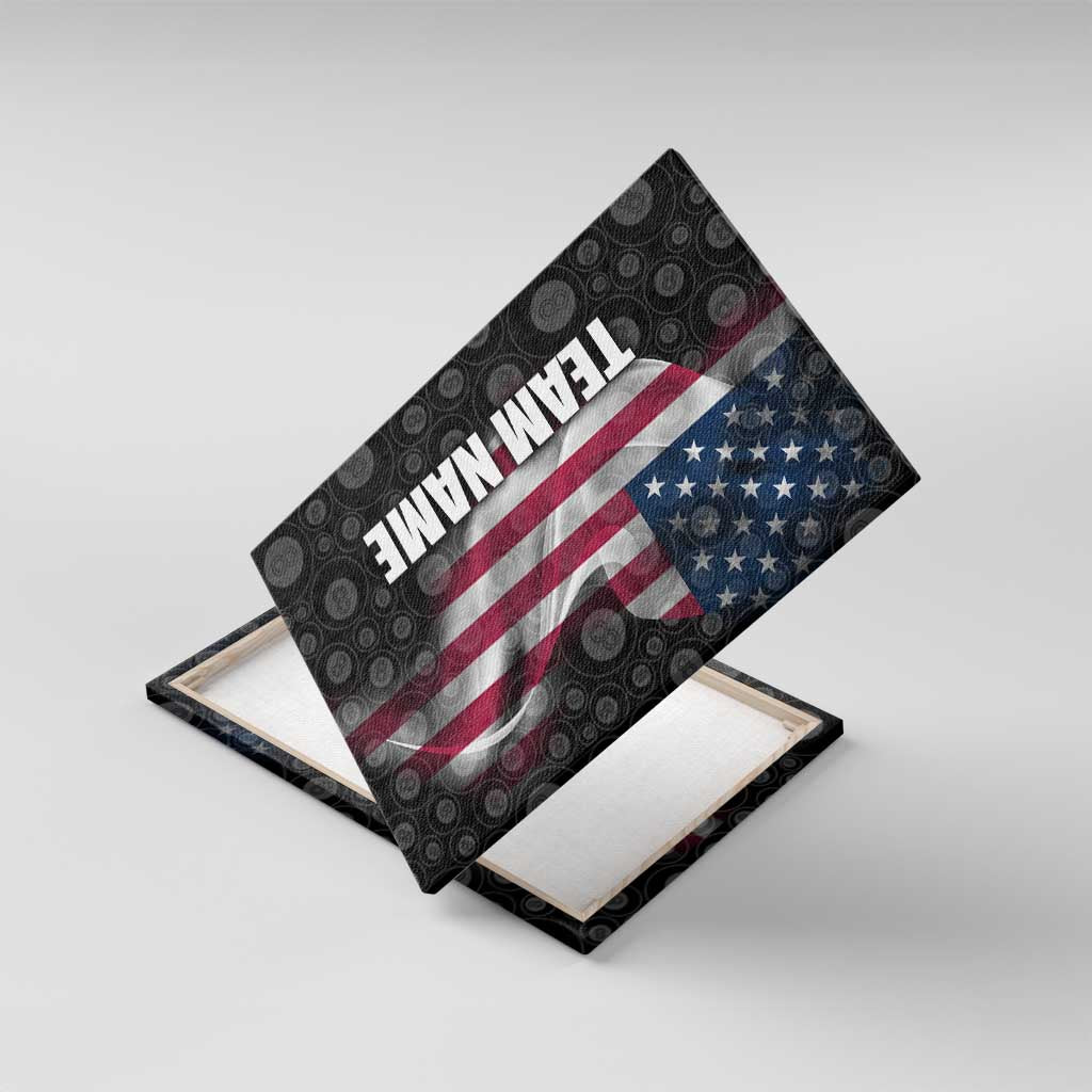 American Flag Bowling Ball and Pins Graphic Canvas Wall Art with Black Patterned Background and Custom Team Name Design - Wonder Print Shop