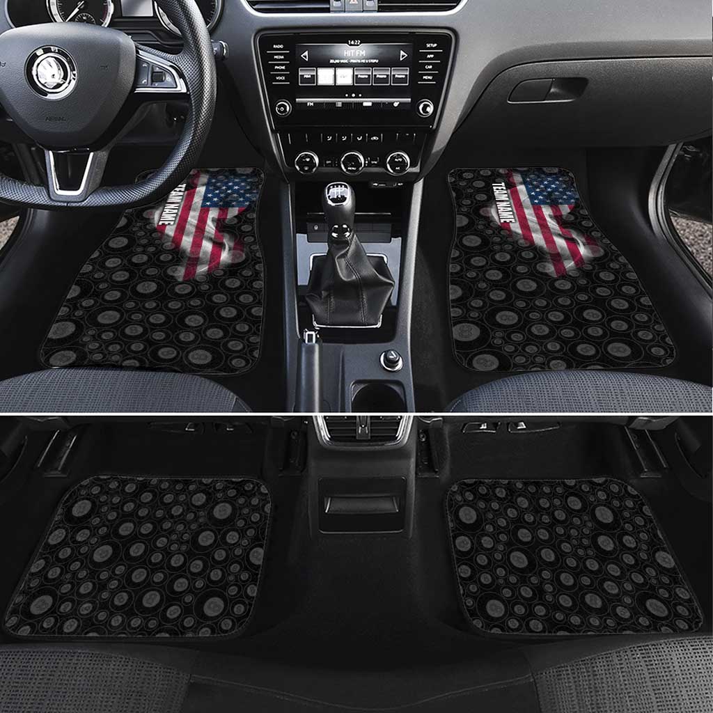 American Flag Bowling Ball and Pins Graphic Car Mats with Black Patterned Background and Custom Team Name Design - Wonder Print Shop