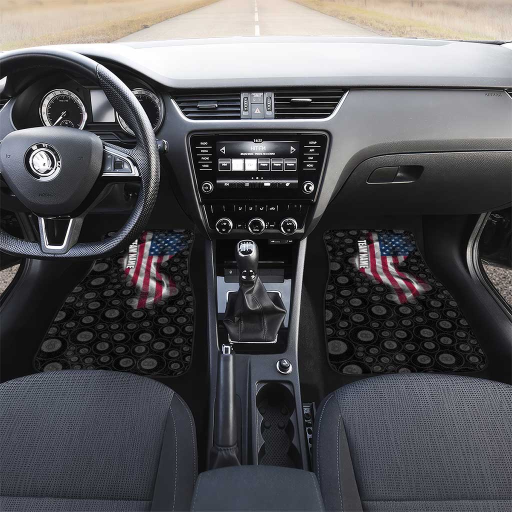 American Flag Bowling Ball and Pins Graphic Car Mats with Black Patterned Background and Custom Team Name Design - Wonder Print Shop