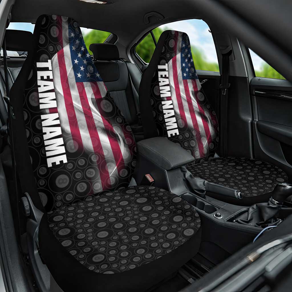 American Flag Bowling Ball and Pins Graphic Car Seat Cover with Black Patterned Background and Custom Team Name Design - Wonder Print Shop