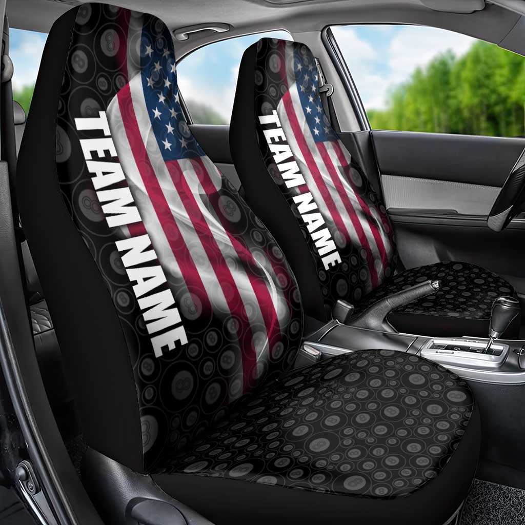 American Flag Bowling Ball and Pins Graphic Car Seat Cover with Black Patterned Background and Custom Team Name Design - Wonder Print Shop