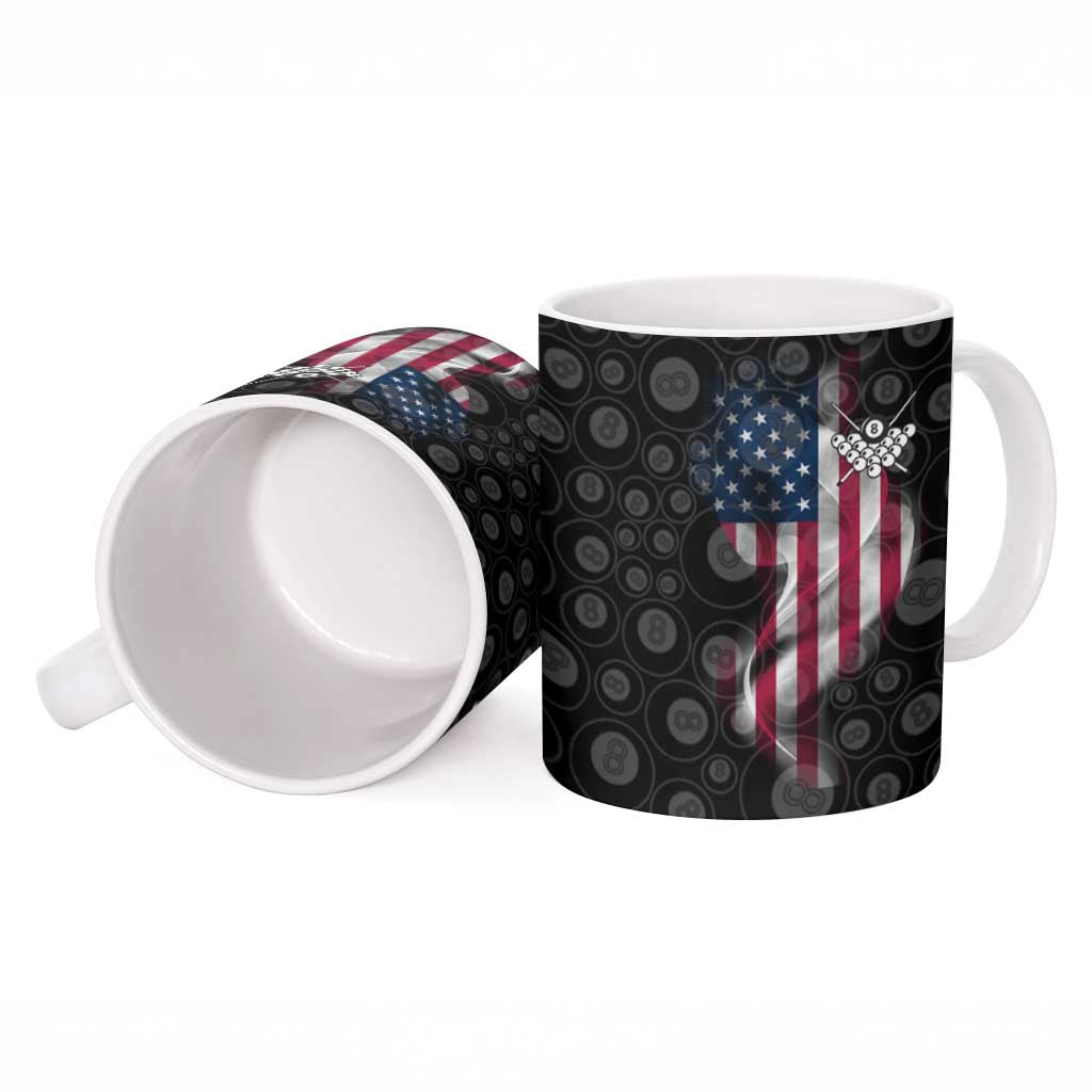 American Flag Bowling Ball and Pins Graphic Ceramic Mug with Black Patterned Background and Custom Team Name Design - Wonder Print Shop
