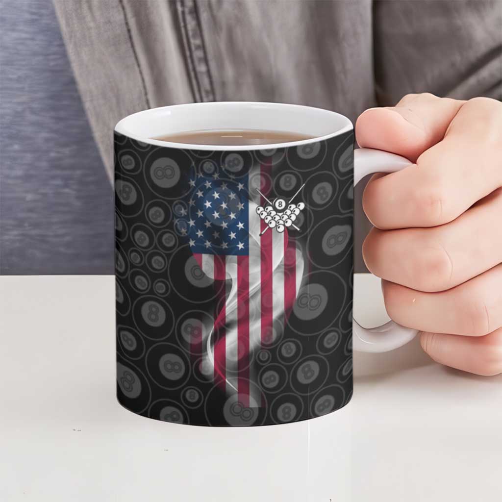 American Flag Bowling Ball and Pins Graphic Ceramic Mug with Black Patterned Background and Custom Team Name Design - Wonder Print Shop
