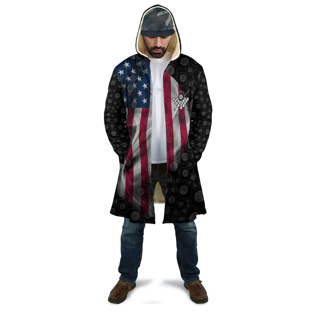 American Flag Bowling Ball and Pins Graphic Cloak with Black Patterned Background and Custom Team Name Design - Wonder Print Shop