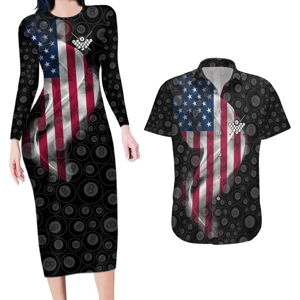American Flag Bowling Ball and Pins Graphic Couples Matching Long Sleeve Bodycon Dress and Hawaiian Shirt with Black Patterned Background and Custom Team Name Design - Wonder Print Shop