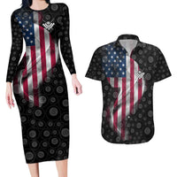 American Flag Bowling Ball and Pins Graphic Couples Matching Long Sleeve Bodycon Dress and Hawaiian Shirt with Black Patterned Background and Custom Team Name Design - Wonder Print Shop