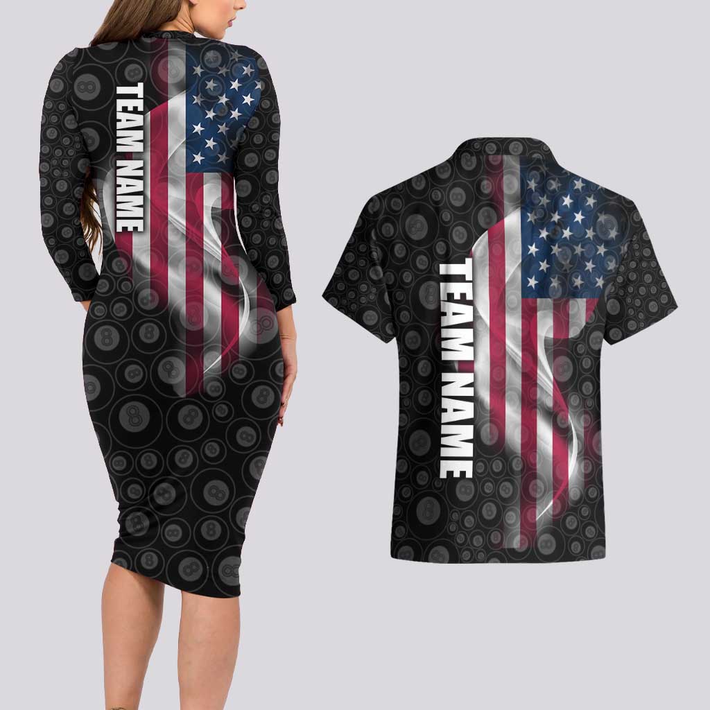 American Flag Bowling Ball and Pins Graphic Couples Matching Long Sleeve Bodycon Dress and Hawaiian Shirt with Black Patterned Background and Custom Team Name Design - Wonder Print Shop