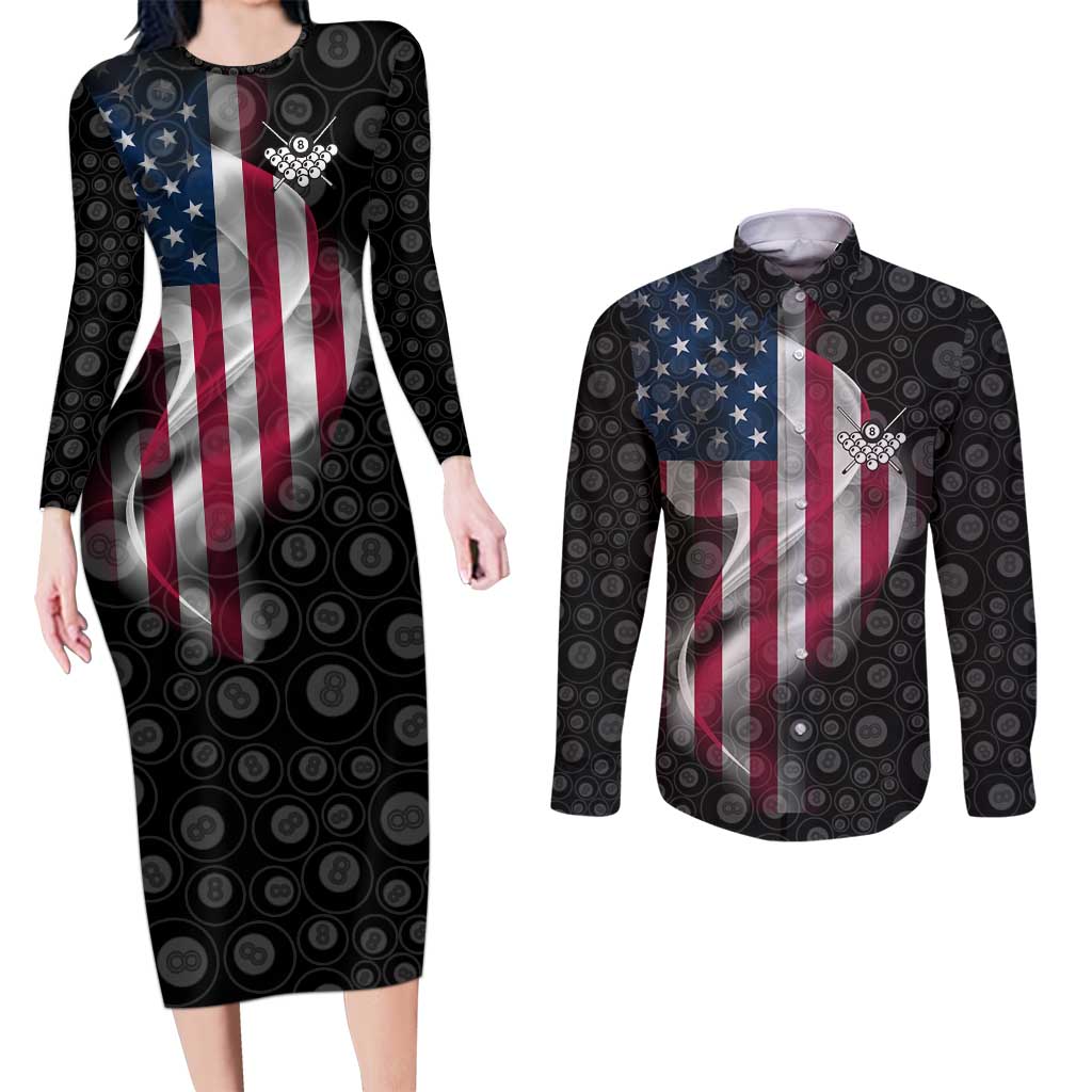 American Flag Bowling Ball and Pins Graphic Couples Matching Long Sleeve Bodycon Dress and Long Sleeve Button Shirt with Black Patterned Background and Custom Team Name Design - Wonder Print Shop