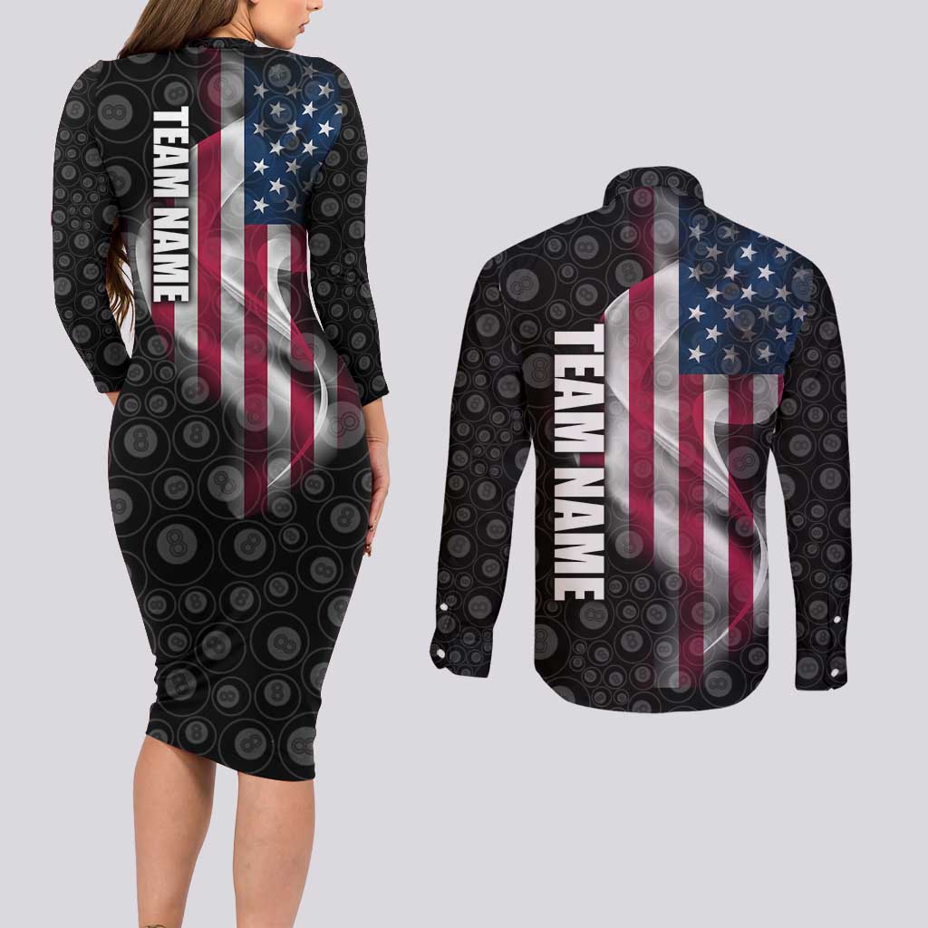 American Flag Bowling Ball and Pins Graphic Couples Matching Long Sleeve Bodycon Dress and Long Sleeve Button Shirt with Black Patterned Background and Custom Team Name Design - Wonder Print Shop
