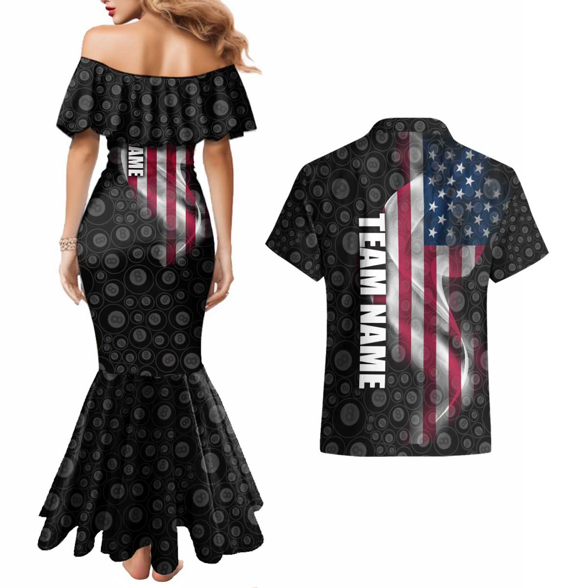 American Flag Bowling Ball and Pins Graphic Couples Matching Mermaid Dress and Hawaiian Shirt with Black Patterned Background and Custom Team Name Design - Wonder Print Shop